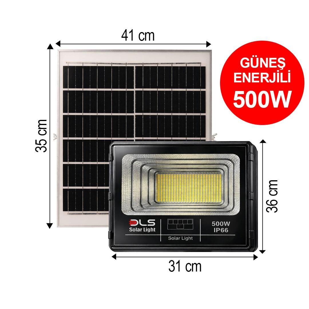 DLS 500W Güneş Enerjili Solar LED Projektör Harici Solar Panelli, 5 Metre Kablolu, Hareketli Konsollu, Dış Mekan Bahçe Güvenlik Aydınlatma 501-500