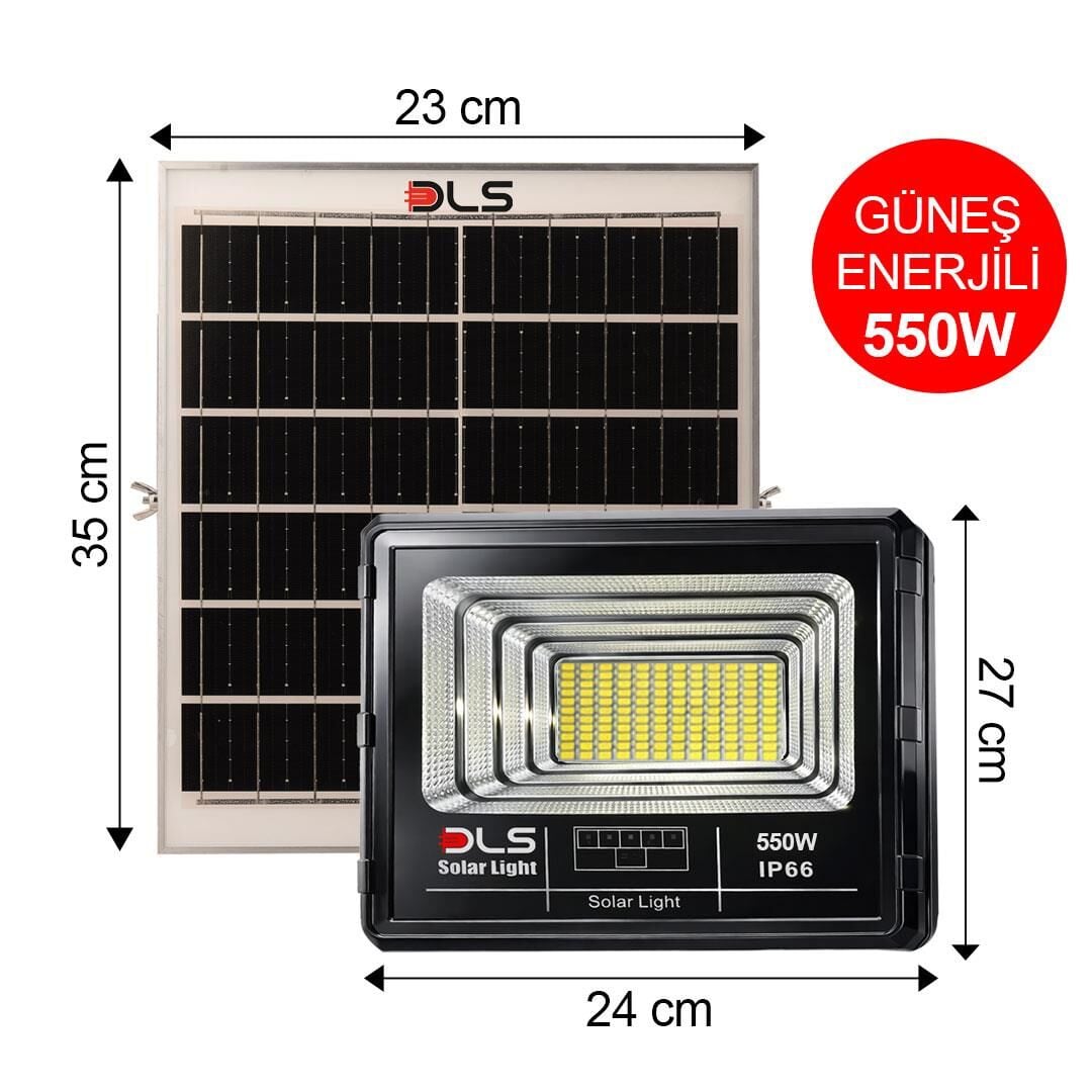 DLS 550W Güneş Enerjili Solar LED Projektör Harici Solar Panelli, 5 Metre Kablolu, Hareketli Konsollu, Dış Mekan Bahçe Güvenlik Aydınlatma 503-550