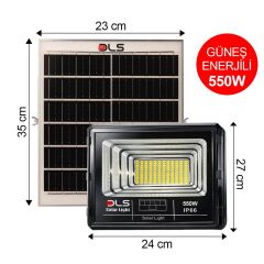 DLS 550W Güneş Enerjili Solar LED Projektör Harici Solar Panelli, 5 Metre Kablolu, Hareketli Konsollu, Dış Mekan Bahçe Güvenlik Aydınlatma 503-550