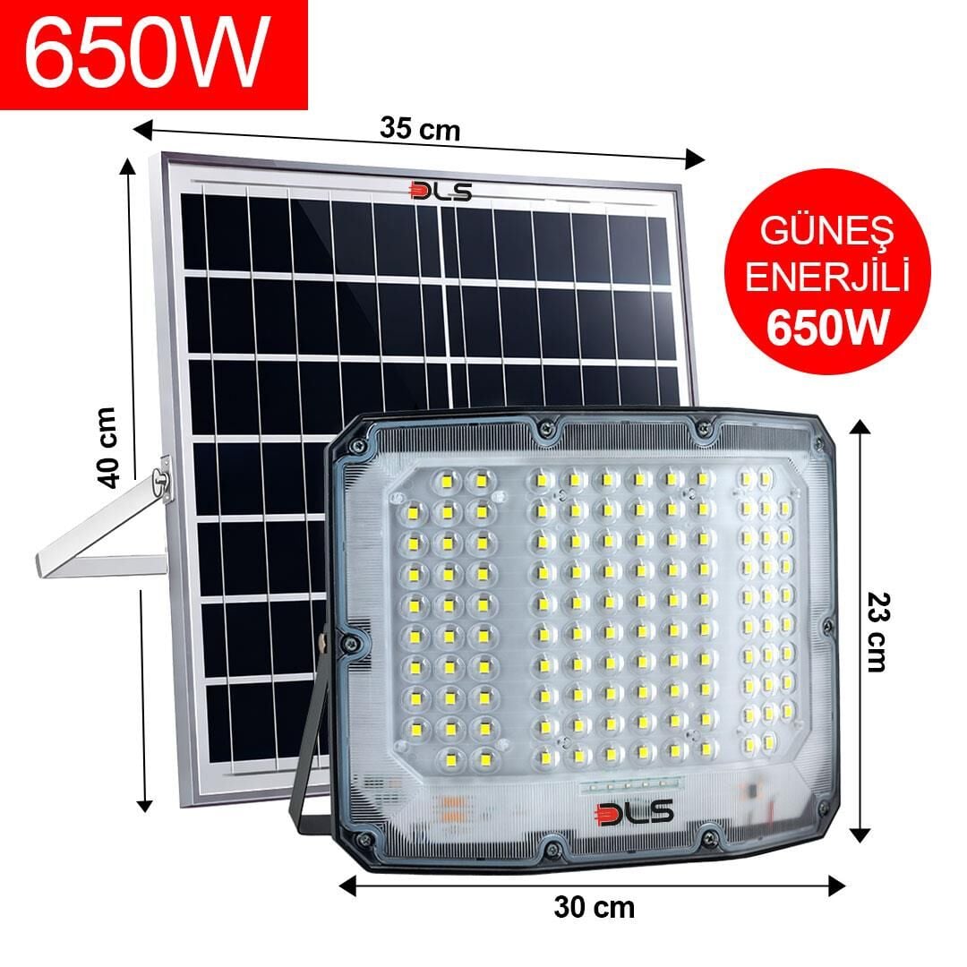 DLS 650W Güneş Enerjili Solar LED Projektör Harici Solar Panelli, 5 Metre Kablolu, Hareketli Konsollu 505-650