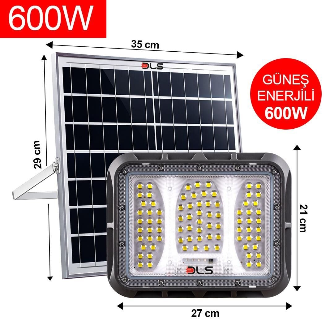 DLS 600W Güneş Enerjili Solar LED Projektör Harici Solar Panelli, 5 Metre Kablolu, Hareketli Konsollu 504-600-01