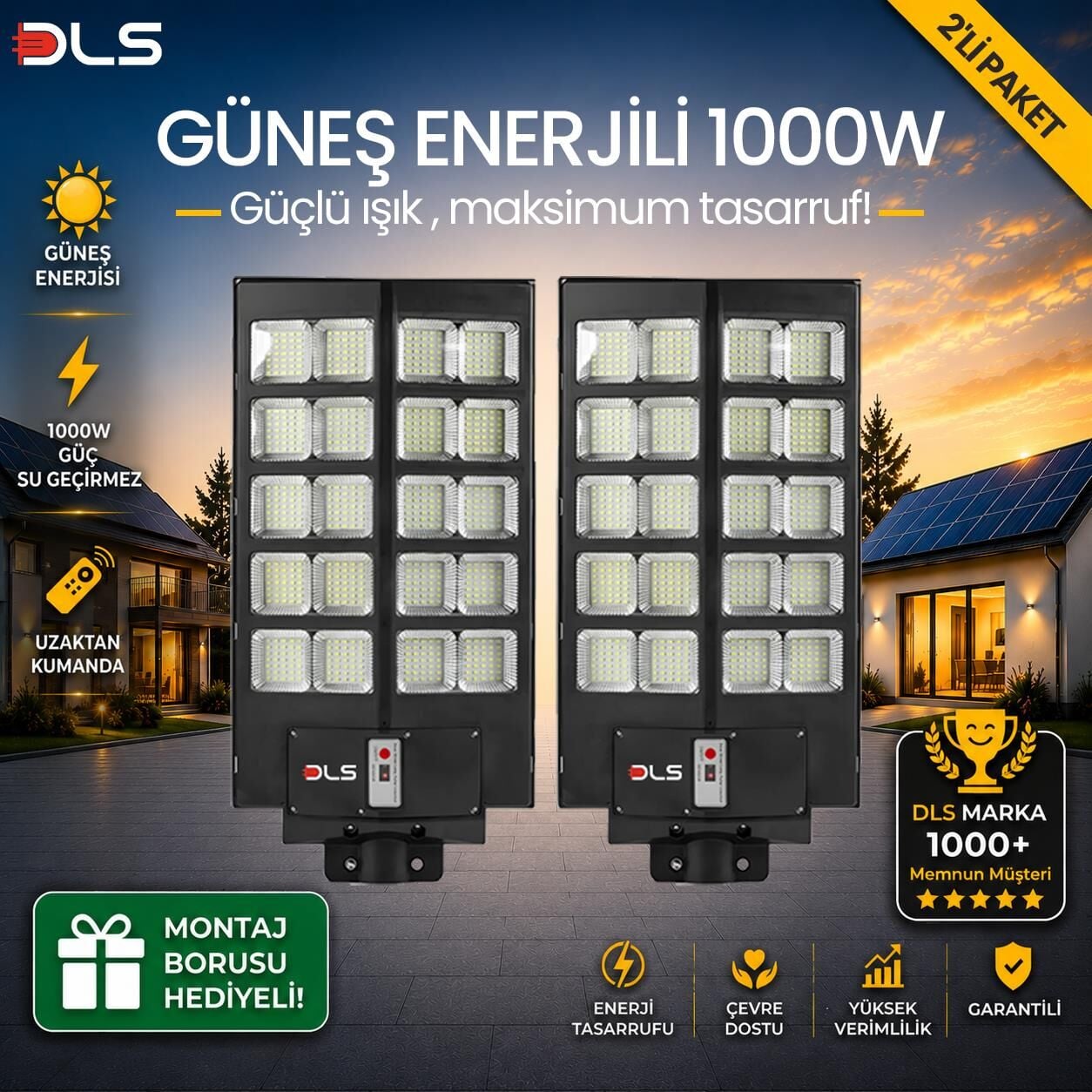 2'li Paket DLS 1000W Güneş Enerjili Solar Sokak Lambası Hareket Sensörlü LED Bahçe Aydınlatması