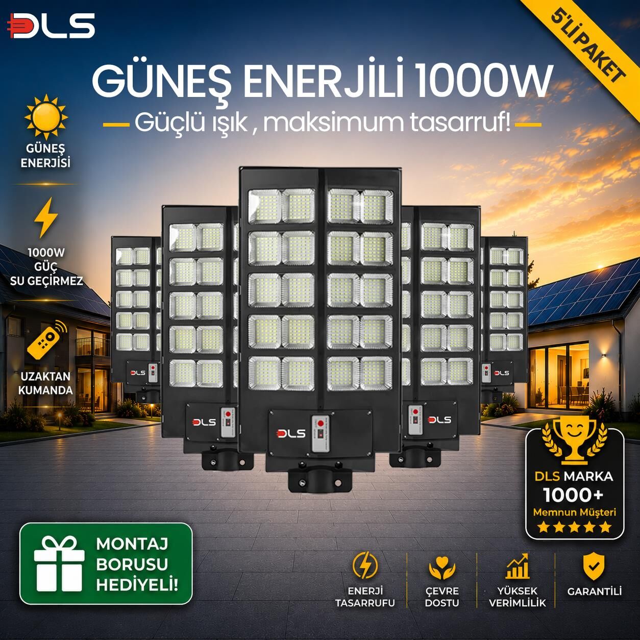 5'li Paket DLS 1000W Güneş Enerjili Solar Sokak Lambası Hareket Sensörlü LED Bahçe Aydınlatması