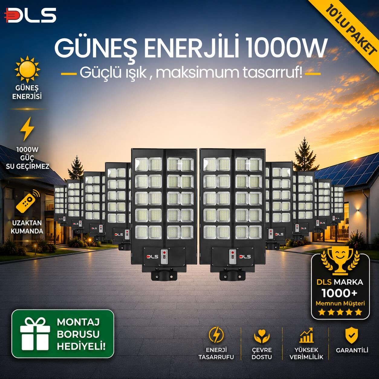 10'lu Paket DLS 1000W Güneş Enerjili Solar Sokak Lambası Hareket Sensörlü LED Bahçe Aydınlatması
