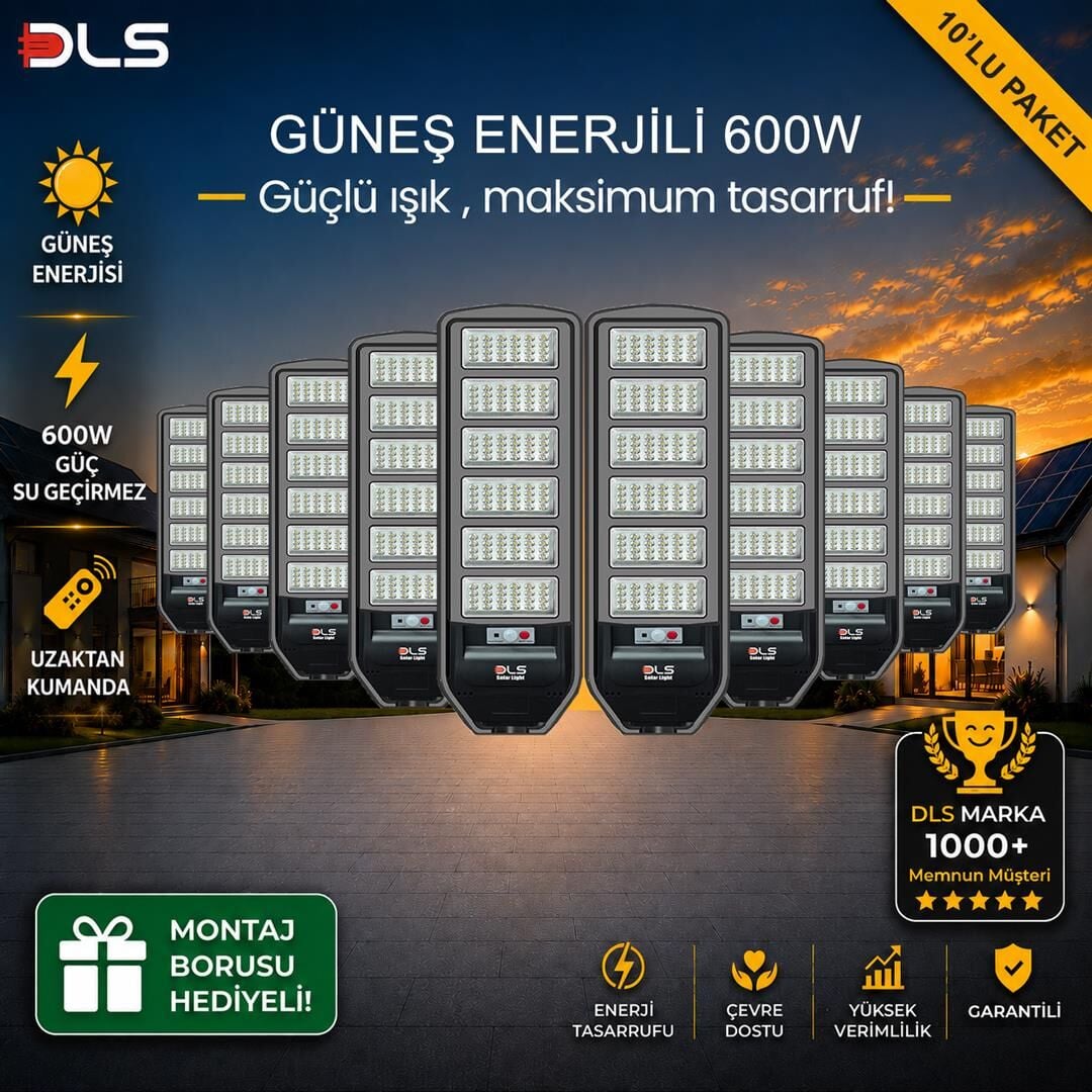10'lu Paket DLS 600W Güneş Enerjili Solar Sokak Lambası Hareket Sensörlü LED Bahçe Aydınlatması