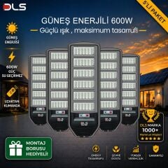 5'li Paket DLS 600W Güneş Enerjili Solar Sokak Lambası Hareket Sensörlü LED Bahçe Aydınlatması