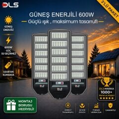 3'lü Paket DLS 600W Güneş Enerjili Solar Sokak Lambası Hareket Sensörlü LED Bahçe Aydınlatması
