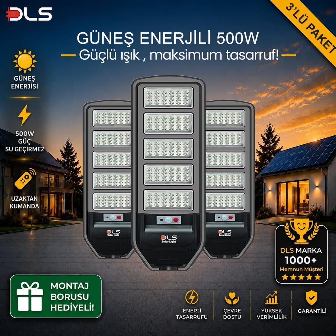 3'lü Paket DLS 500W Güneş Enerjili Solar Sokak Lambası Hareket Sensörlü LED Bahçe Aydınlatması
