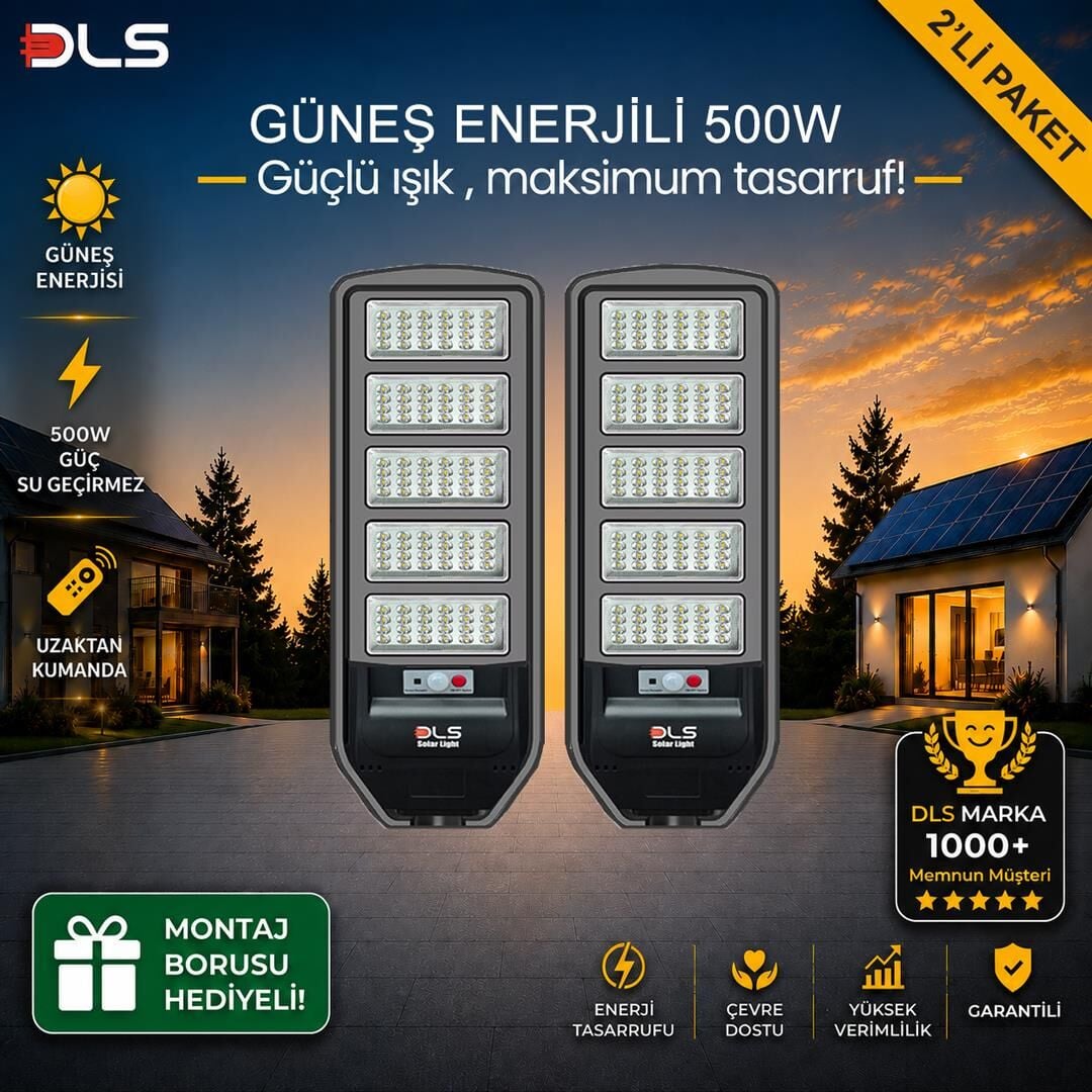 2'li Paket DLS 500W Güneş Enerjili Solar Sokak Lambası Hareket Sensörlü LED Bahçe Aydınlatması