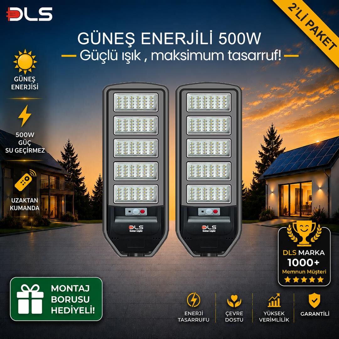 2'li Paket DLS 500W Güneş Enerjili Solar Sokak Lambası Hareket Sensörlü LED Bahçe Aydınlatması