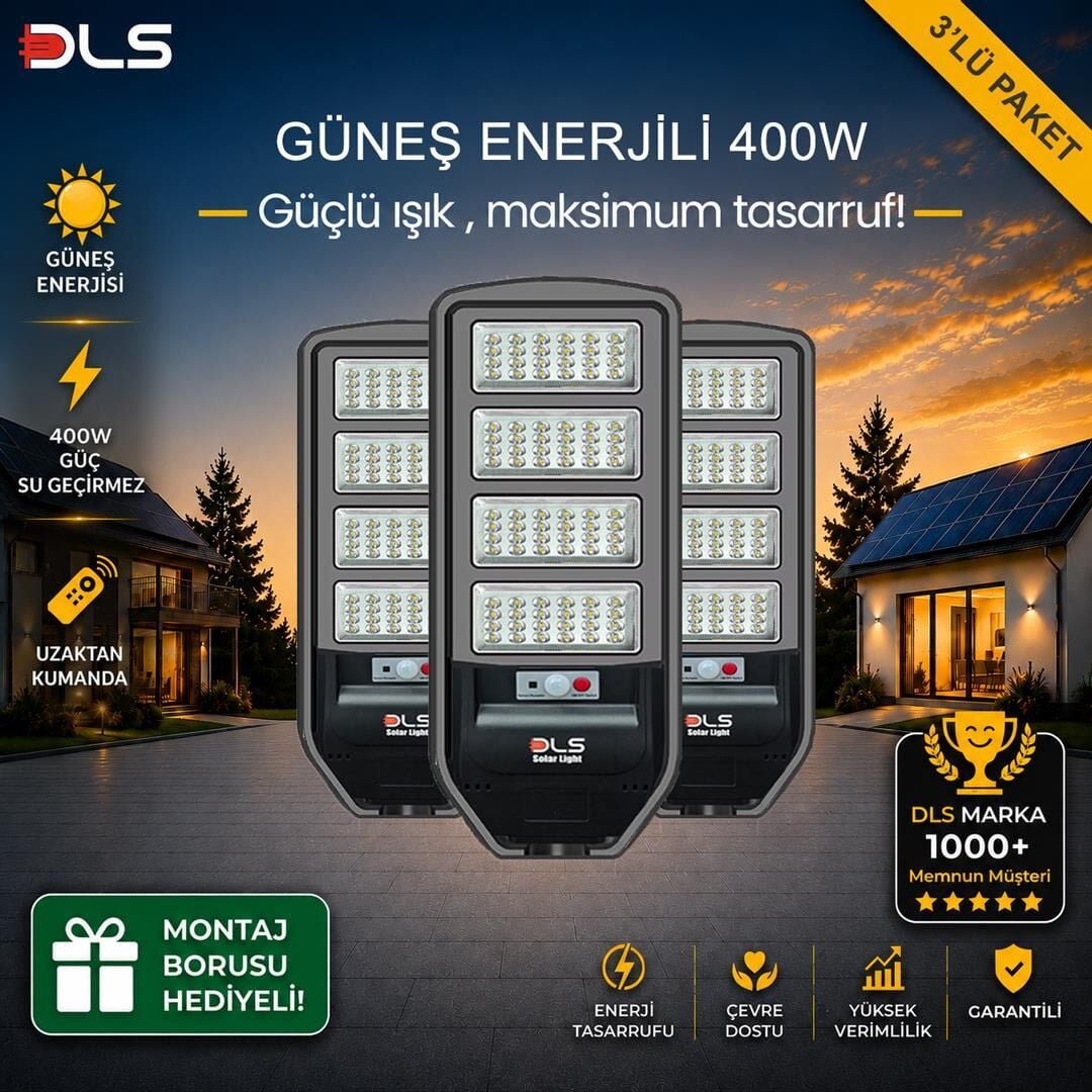 3'lü Paket DLS 400W Güneş Enerjili Solar Sokak Lambası Hareket Sensörlü LED Bahçe Aydınlatması